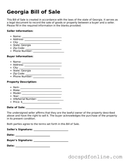 Legal  Bill of Sale Template for Georgia