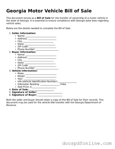 Legal  Motor Vehicle Bill of Sale Template for Georgia