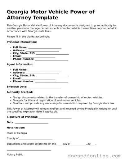 Legal  Motor Vehicle Power of Attorney Template for Georgia