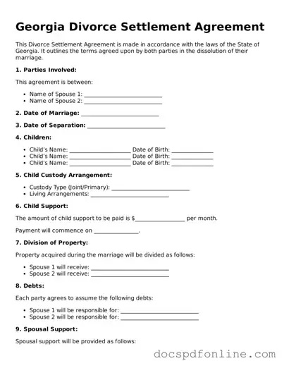 Legal  Divorce Settlement Agreement Template for Georgia