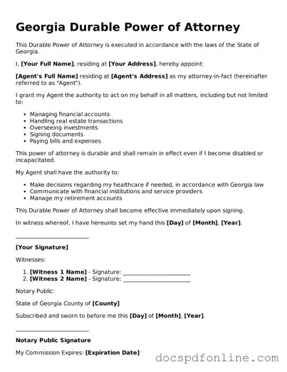 Legal  Durable Power of Attorney Template for Georgia