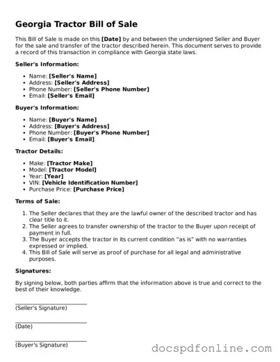 Legal  Tractor Bill of Sale Template for Georgia