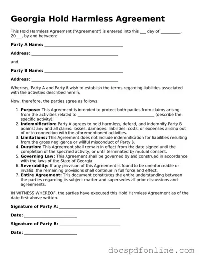 Legal  Hold Harmless Agreement Template for Georgia