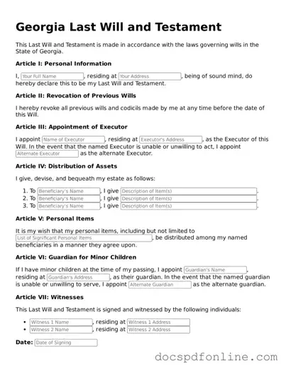 Legal  Last Will and Testament Template for Georgia