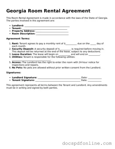 Legal  Room Rental Agreement Template for Georgia