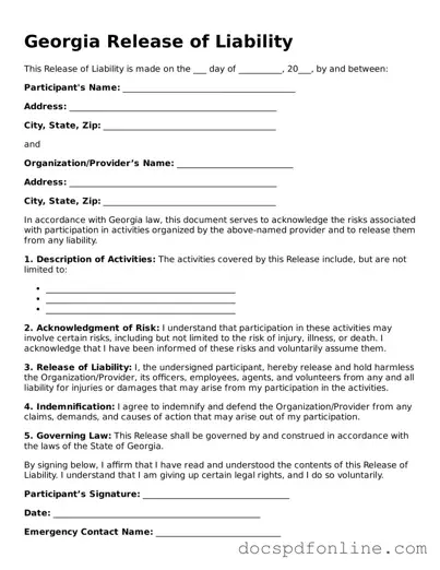 Legal  Release of Liability Template for Georgia