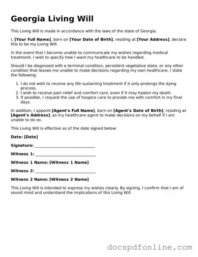 Legal  Living Will Template for Georgia