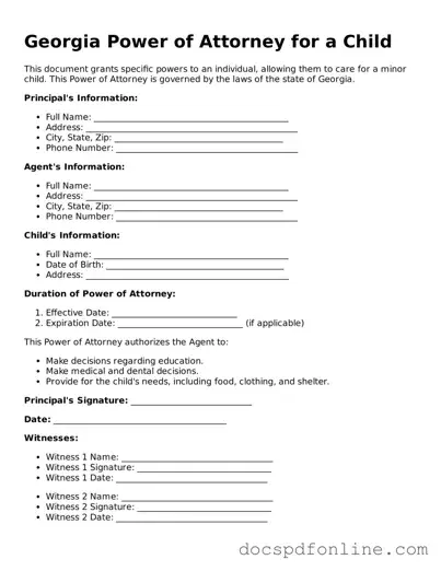 Legal  Power of Attorney for a Child Template for Georgia
