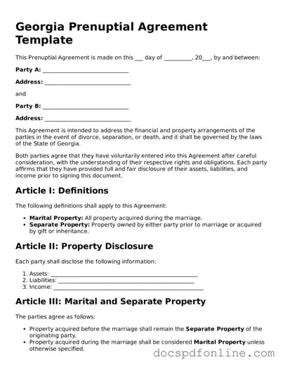 Legal  Prenuptial Agreement Template for Georgia