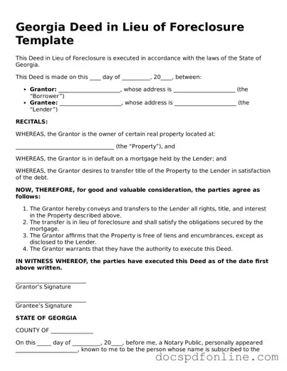 Legal  Deed in Lieu of Foreclosure Template for Georgia
