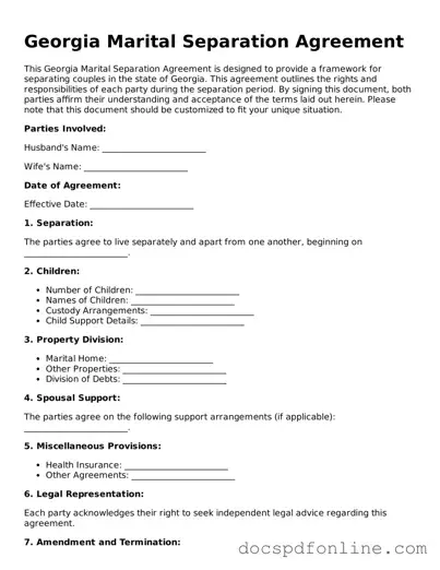 Legal  Marital Separation Agreement Template for Georgia