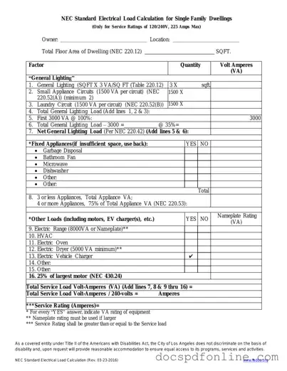Fill Your LADBS NEC Standard Electrical Load Calculation Form
