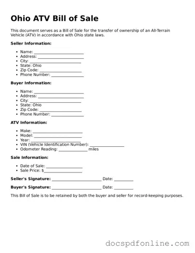 Legal  ATV Bill of Sale Template for Ohio