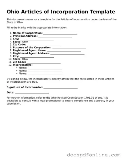 Legal  Articles of Incorporation Template for Ohio