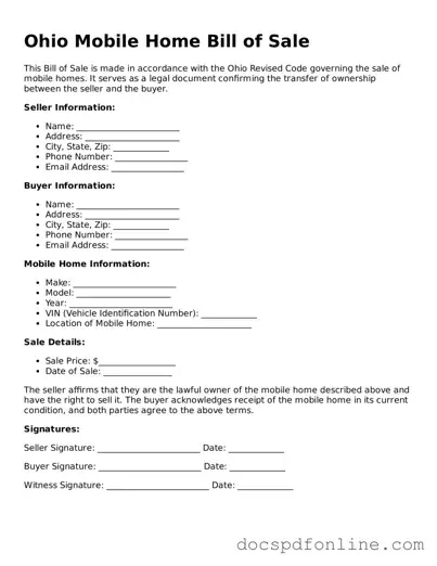 Legal  Mobile Home Bill of Sale Template for Ohio