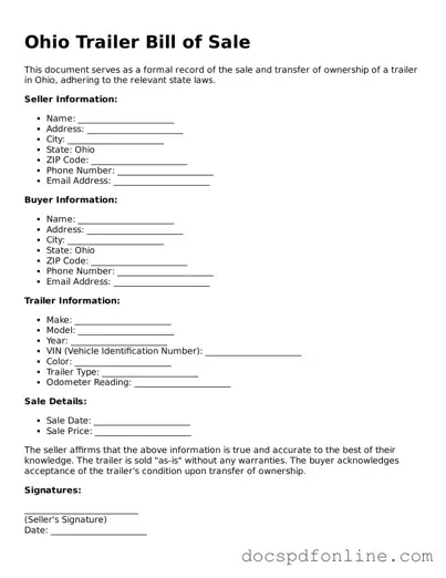Legal  Trailer Bill of Sale Template for Ohio