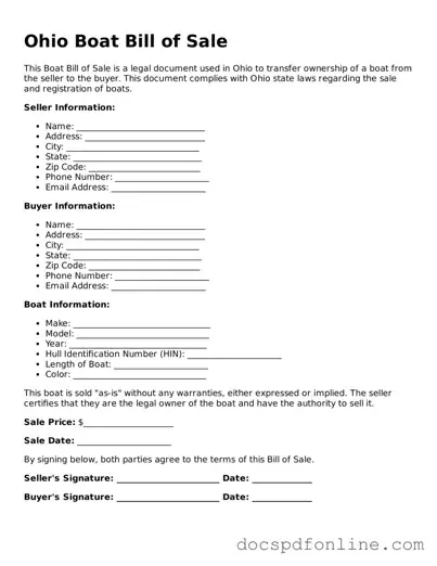 Legal  Boat Bill of Sale Template for Ohio