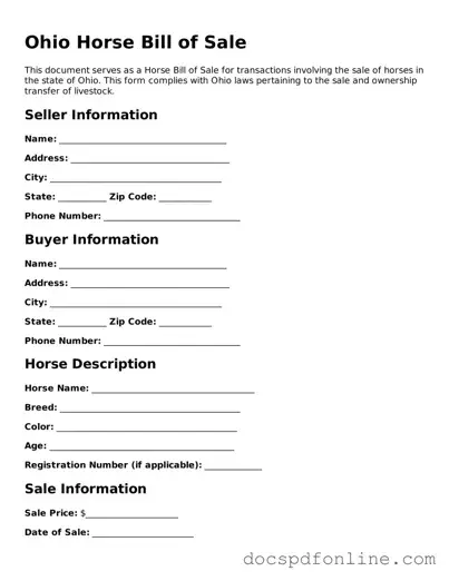 Legal  Horse Bill of Sale Template for Ohio