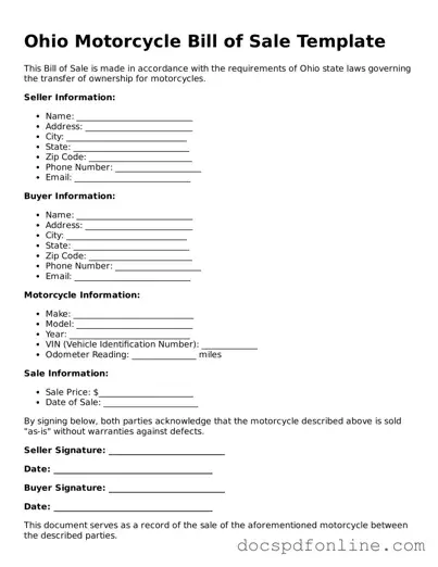 Legal  Motorcycle Bill of Sale Template for Ohio