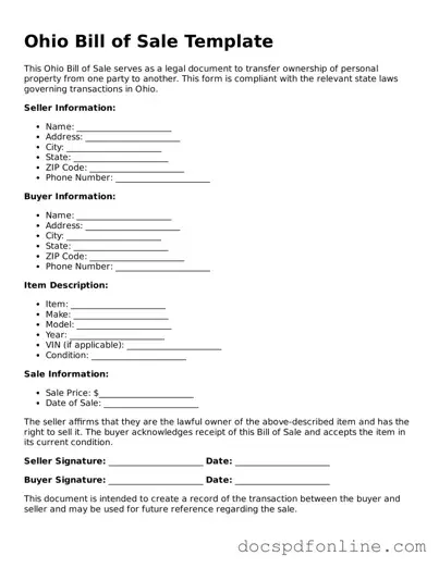 Legal  Bill of Sale Template for Ohio