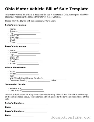 Legal  Motor Vehicle Bill of Sale Template for Ohio