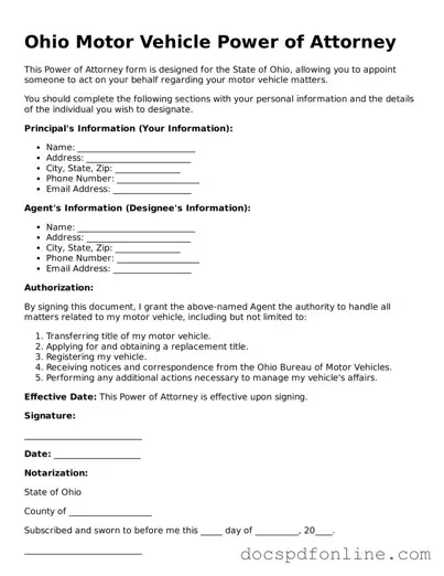 Legal  Motor Vehicle Power of Attorney Template for Ohio