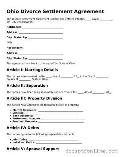 Legal  Divorce Settlement Agreement Template for Ohio