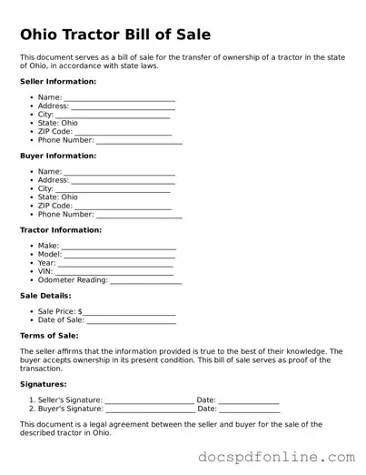 Legal  Tractor Bill of Sale Template for Ohio