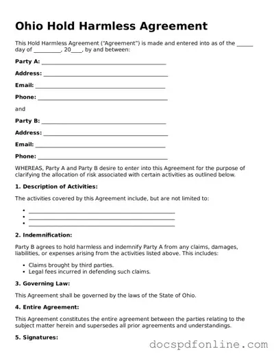 Legal  Hold Harmless Agreement Template for Ohio
