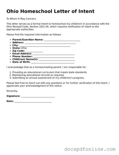 Legal  Homeschool Letter of Intent Template for Ohio