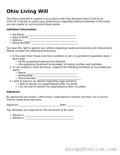 Legal  Living Will Template for Ohio