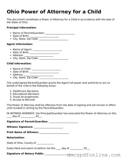 Legal  Power of Attorney for a Child Template for Ohio