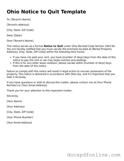 Legal  Notice to Quit Template for Ohio