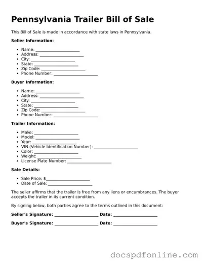 Legal  Trailer Bill of Sale Template for Pennsylvania