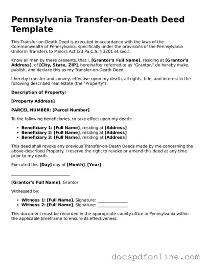 Legal  Transfer-on-Death Deed Template for Pennsylvania