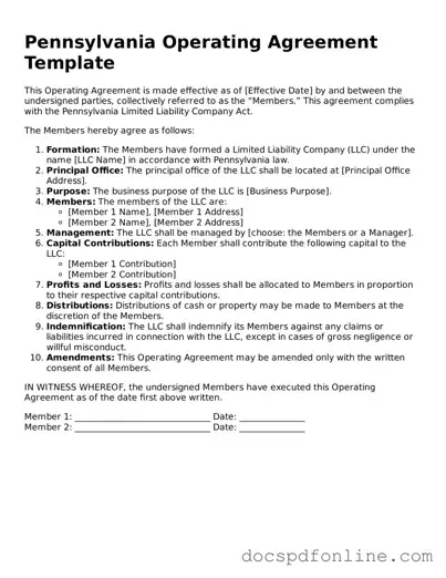 Legal  Operating Agreement Template for Pennsylvania