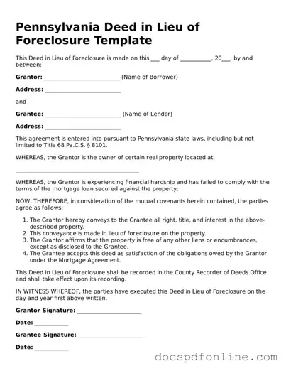 Legal  Deed in Lieu of Foreclosure Template for Pennsylvania