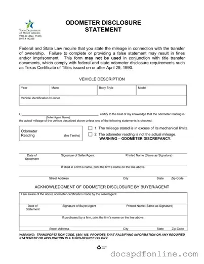 Fill Your Texas Odometer Statement Form