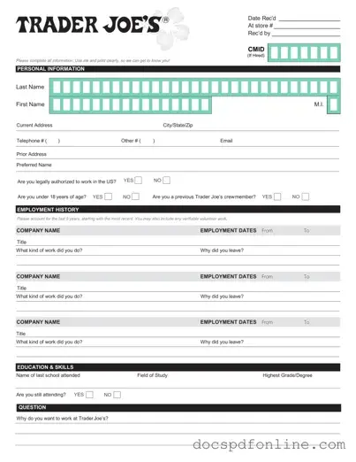 Fill Your Trader Joe's application Form
