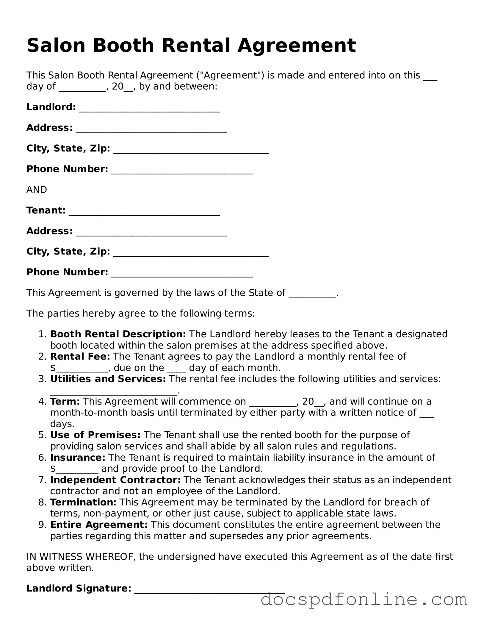 Attorney-Approved Salon Booth Rental Agreement Document