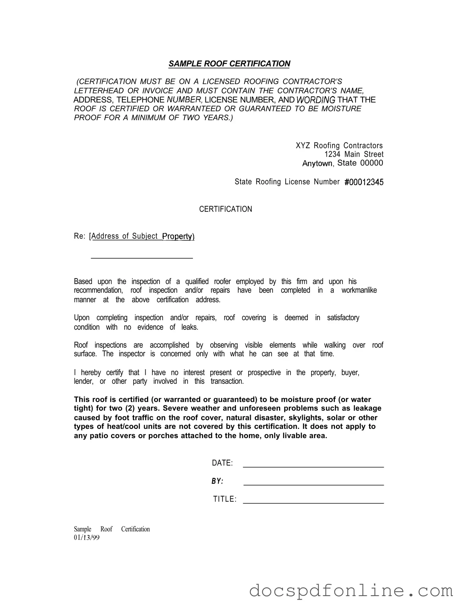 Fill Your Sample Roof Certification Form