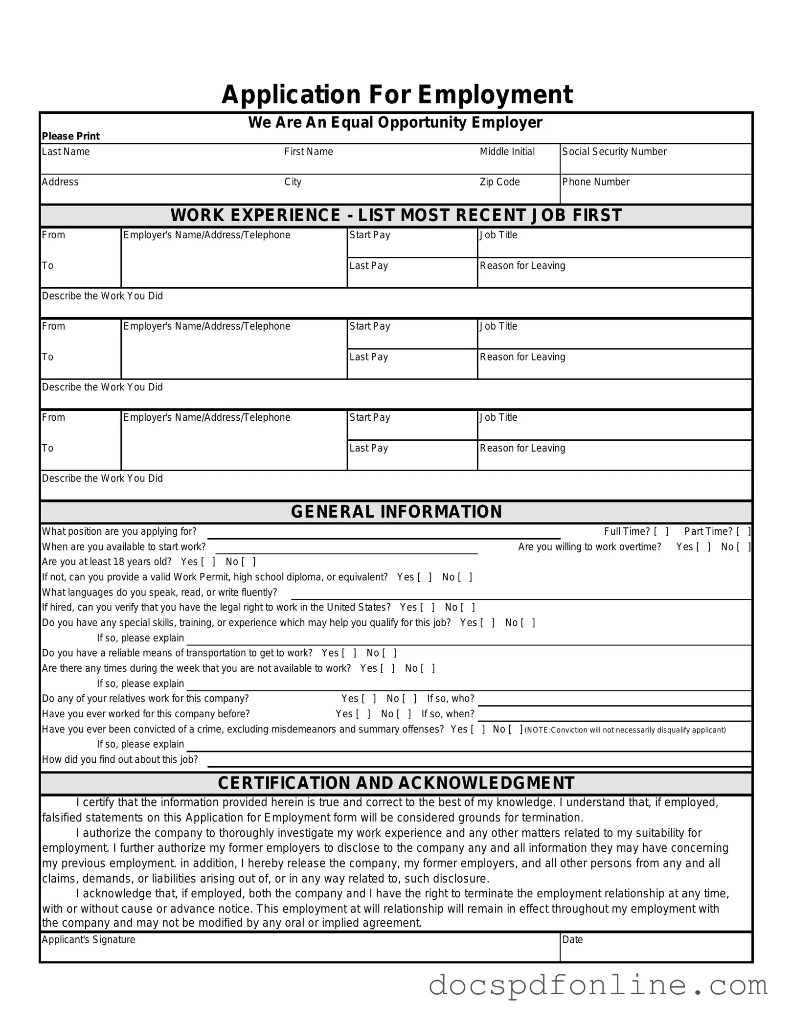 Fill Your Spanish Application Employment Form
