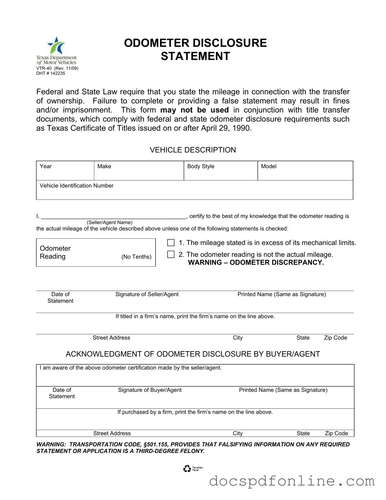 Fill Your Texas Odometer Statement Form