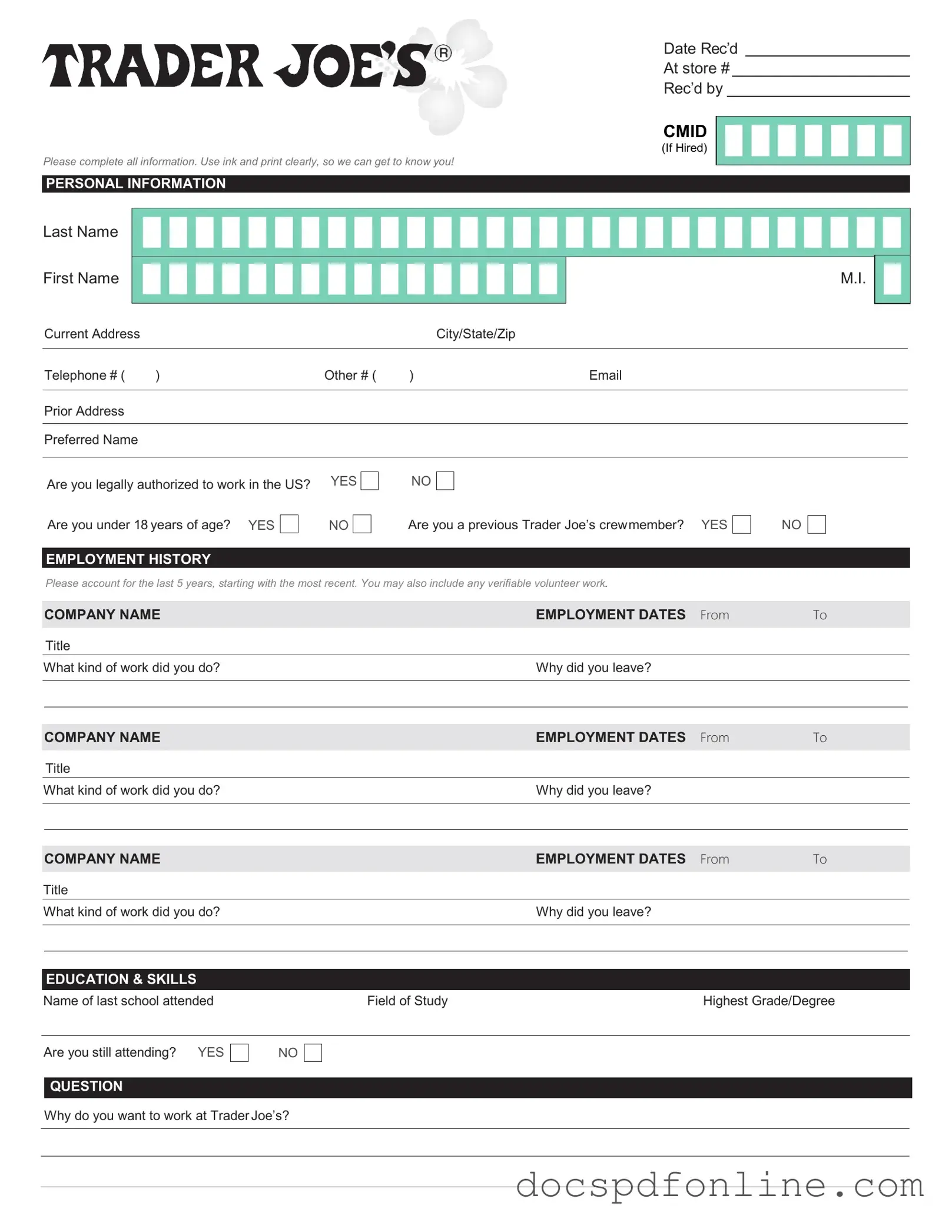 Fill Your Trader Joe's application Form